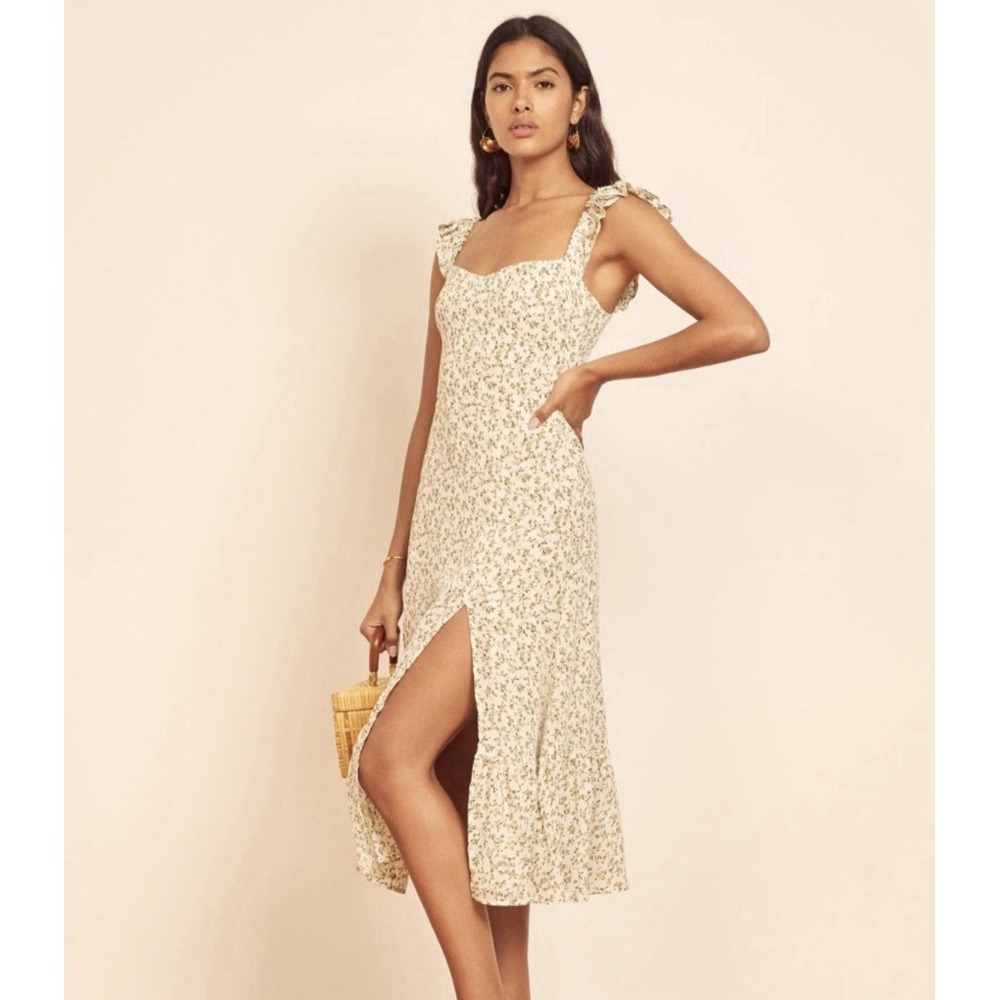 Reformation Bondi Dress Women 6 Ivy Green Sleeveless Smocked Midi Slit Romantic